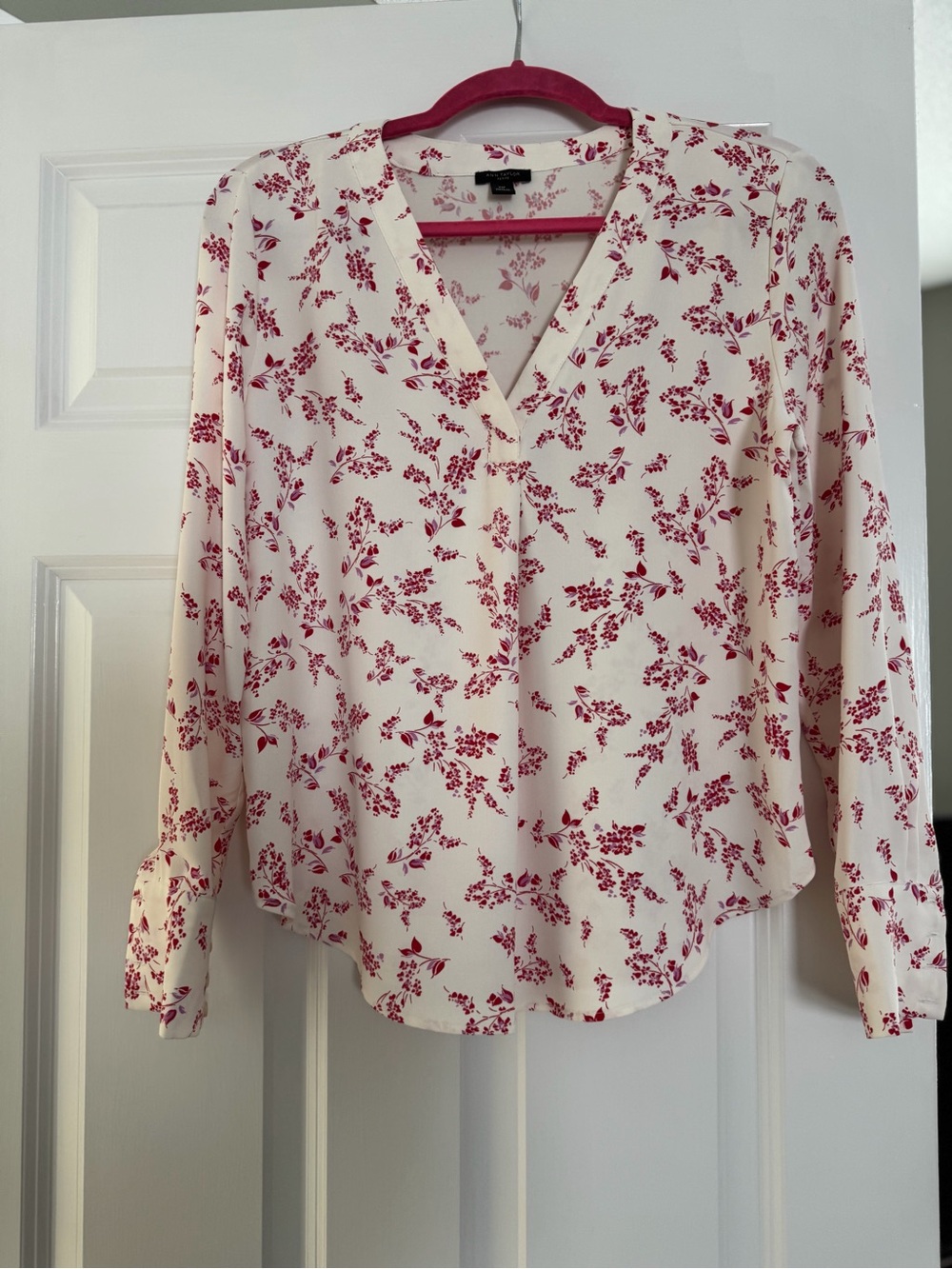 Ann Taylor Cream Blouse with Red Floral Sprigs